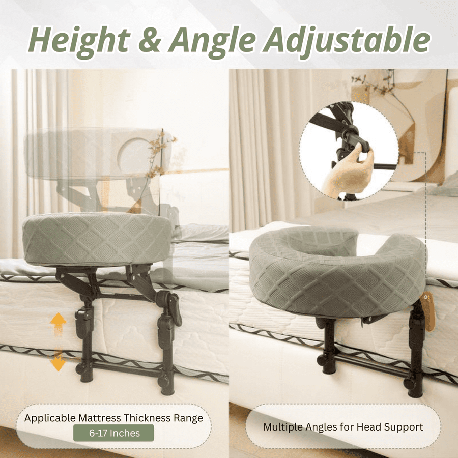 Headrest adjusting in height and angle at the end of a bed