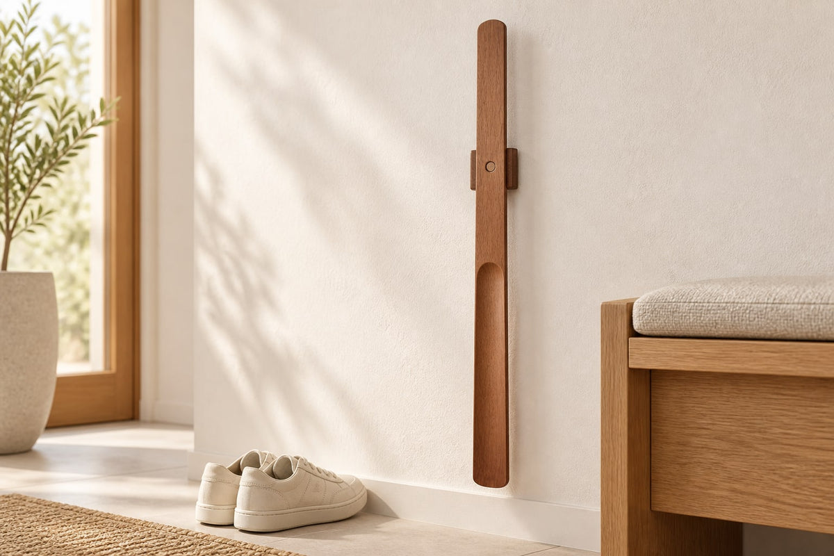 Magnetic wooden shoehorn styled beside an entryway bench